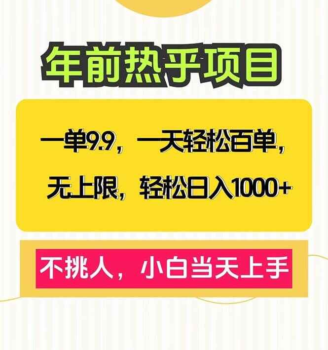 一单9.9，一天百单无上限，不挑人，小白当天上手，日入1000+【揭秘】