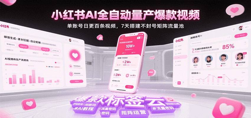 小红书AI全自动量产爆款视频，单账号日更百条视频，7天搭建不封号矩阵流量池（更新）-天边资源网