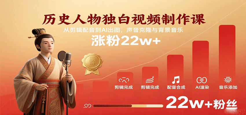 历史人物独白视频制作课,从剪辑配音到AI出图,声音克隆与背景音乐,涨粉22W+【揭秘】