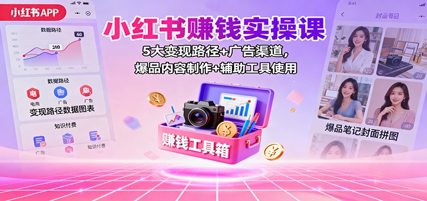 小红书赚钱实操课程 5大变现路径+广告渠道，爆品内容制作+辅助工具使用-天边资源网