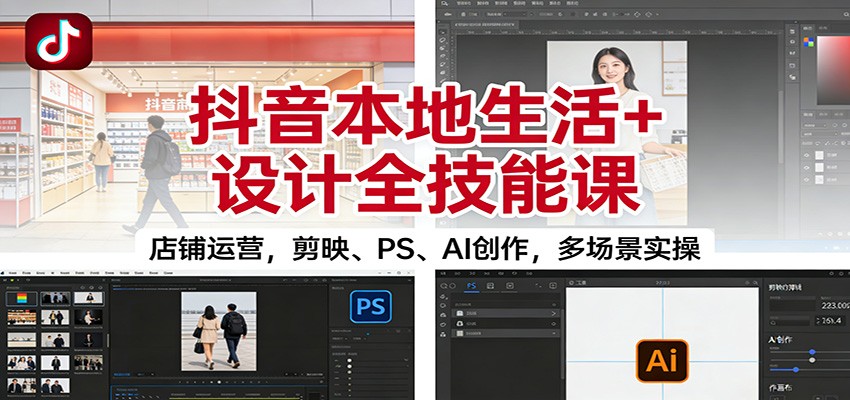 抖音本地生活+设计全技能课程 店铺运营，剪映、PS、AI创作，多场景实操-天边资源网