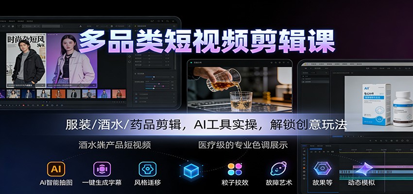 多品类短视频剪辑课程 服装/酒水/药品剪辑，AI工具实操，解锁创意玩法-天边资源网