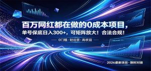百万网红都在做的0成本项目，单号保底日入300+，可矩阵放大！合法合规！-天边资源网