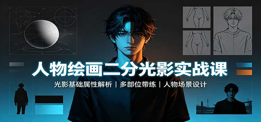 图片[1]-人物绘画二分光影实战课：光影基础属性解析，多部位带练，人物场景设计-天边资源网